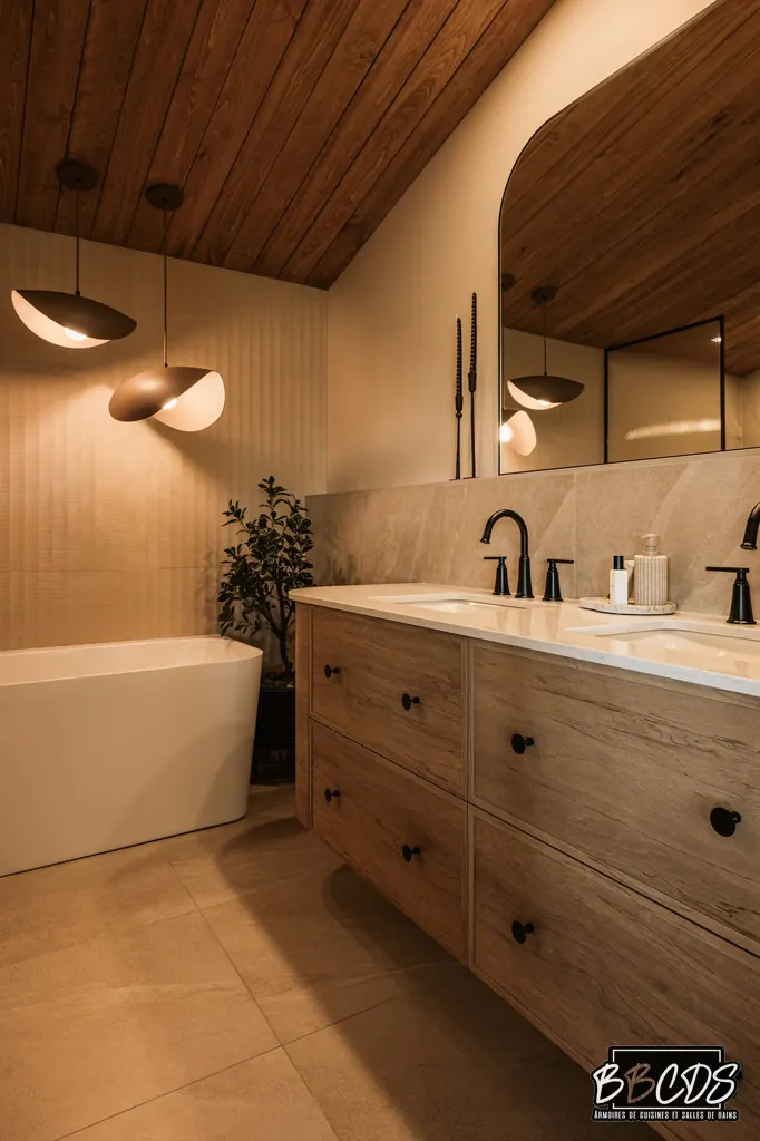 Salle de bain · bois chaud et bain autoportant
