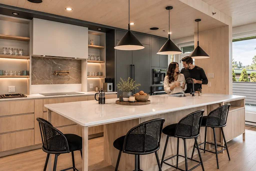 Un couple partage un café à l’îlot d’une cuisine sur mesure en bois pâle, dosseret en marbre et suspensions noires